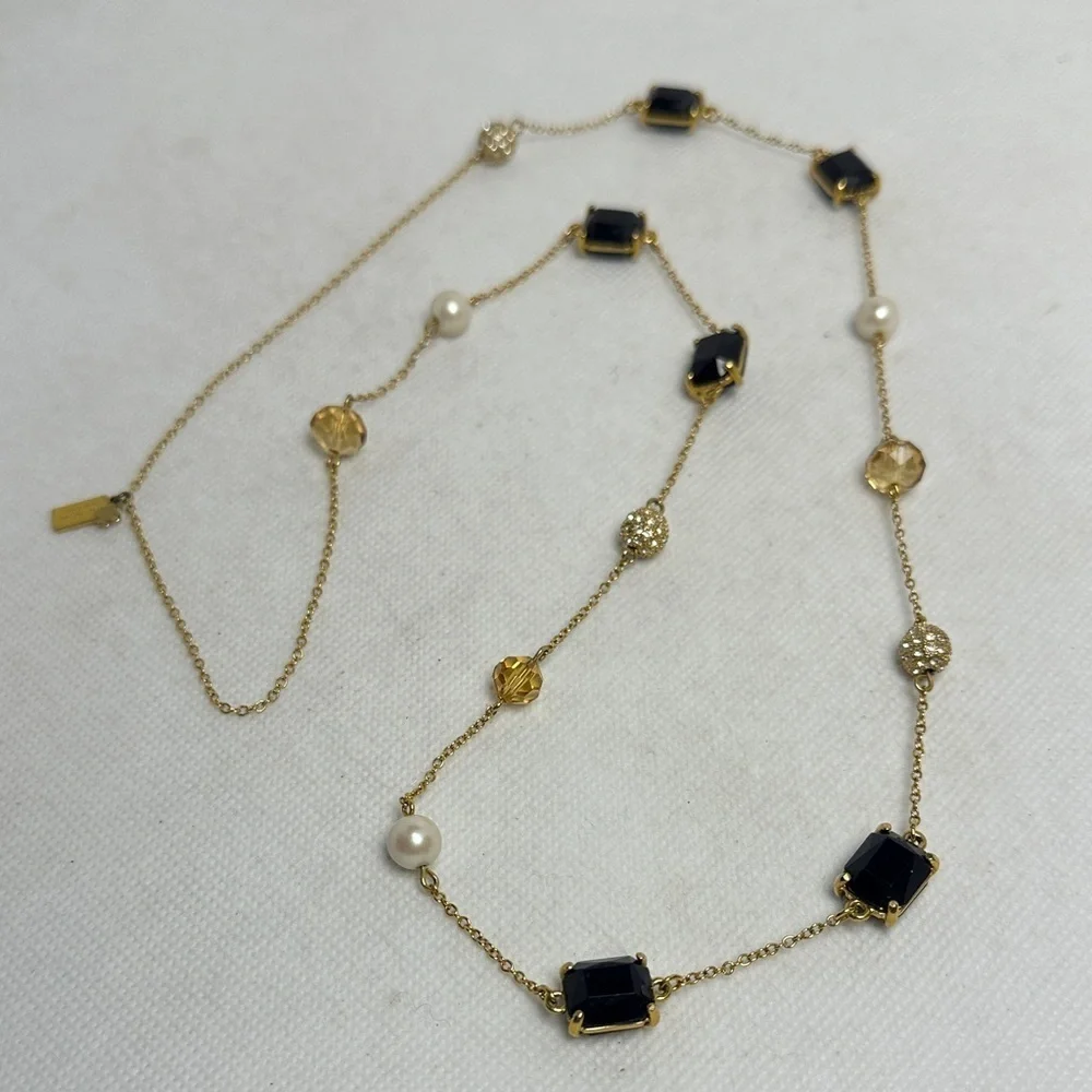 Kate Spade Black & Gold Station Necklace – 16” Drop (EUC)